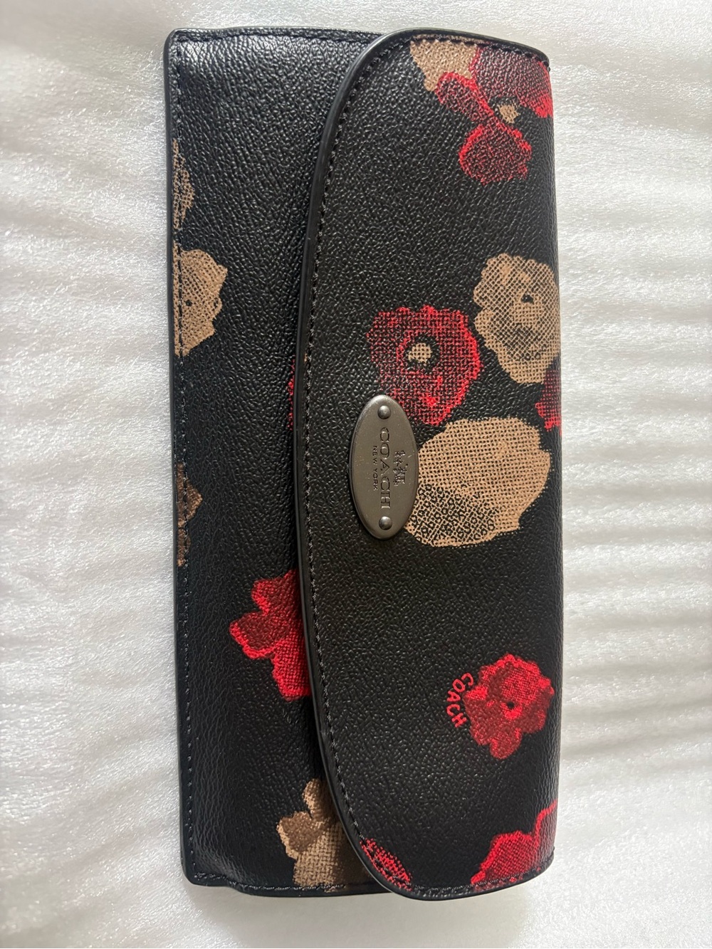 Coach Black Floral Continental Wallet with Red and Tan Accents